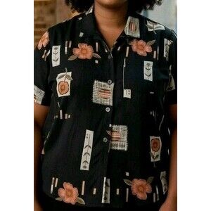 Chico's Floral Artsy Button-Up Blouse Sz 1 Multicolor Whimsical Patchwork 8-10